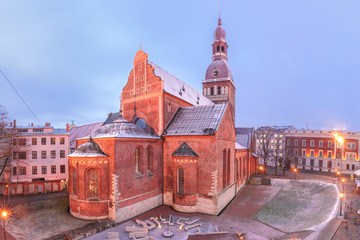 Riga Cathedral or Cathedral of Saint Mary at Cathedral Square during evening blue hour, Doma...