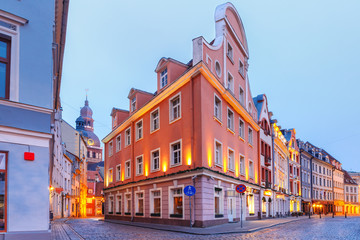 Typical europeen medieval street and the Cathedral of Saint Mary in the morning, Riga, Latvia