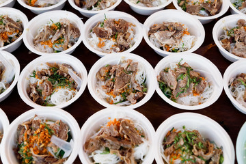 Pork noodle in a foam bowl