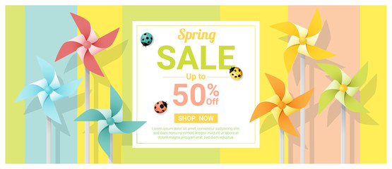 Spring sale banner with colorful pinwheels , vector , illustration