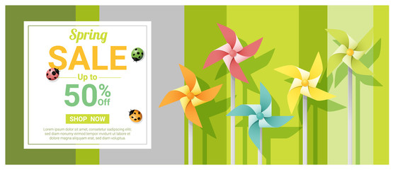 Fototapeta premium Spring sale banner with colorful pinwheels , vector , illustration