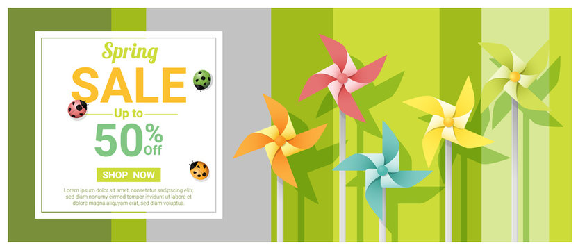 Spring sale banner with colorful pinwheels , vector , illustration