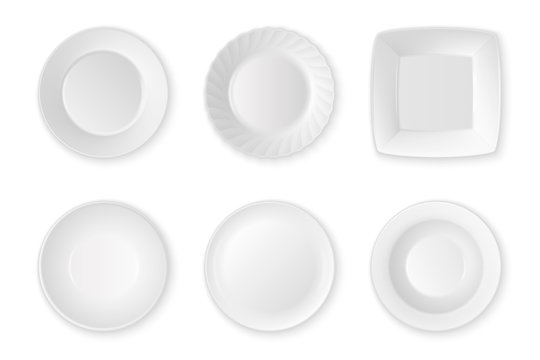 Realistic vector white food empty plate icon set closeup isolated on white background. Kitchen appliances utensils for eating. Design template, mock up for graphics, printing etc. Top view