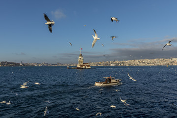Fototapeta na wymiar Maiden Tower (Tower of Leandros, Turkish: Kiz Kulesi) tranquil scenery at the entrance to Bosporus Strait in Istanbul, Turkey (KIZ KULESI – SALACAK-USKUDAR)