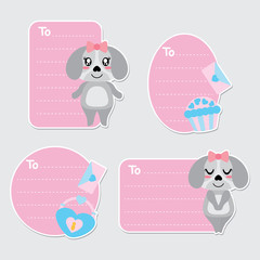Cute puppy, cupcake, and heart padlock vector cartoon illustration for Valentine gift tags design, postcard and sticker set
