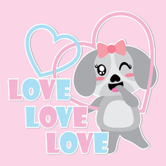 Cute puppy smiles on love frame vector cartoon illustration for Happy Valentine card design, postcard, and wallpaper