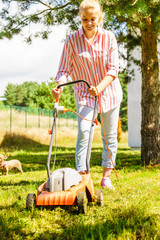 Gardening. Mowing lawn with lawnmower