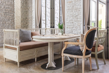 Table set on wood dinning table at home Modern dinning room