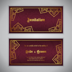 Luxury wedding invitation with golden ornament. Vector illustration