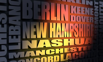 Image relative to USA travel. New Hampshire cities and places names cloud. 3D rendering