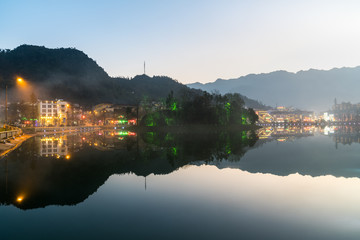 Sa Pa travel town at twilight in Lao Cai province, Vietnam