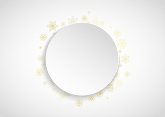 Glitter snowflakes frame on white horizontal background. Paper Christmas and New Year frame for gift certificate, ads, banners, flyers. Falling snow with golden glitter snowflakes for party invite