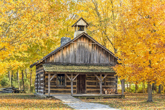 Little Log Church and Colorful Autumn Leaves