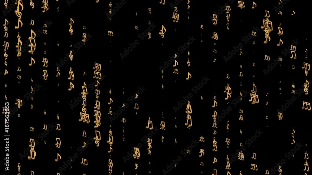 Poster golden strings of flying notes. musical background. seamless loop.