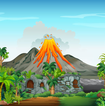Scene with volcano and cavehouse
