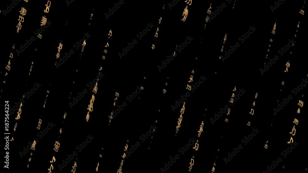 Poster gold streams from flying notes. elegant screensaver. musical background. seamless loop.