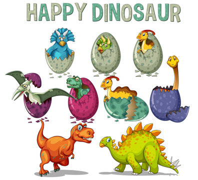 Happy dinosaur with dinosaurs hatching eggs