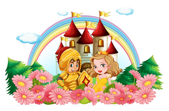 Knight and princess in flower garden