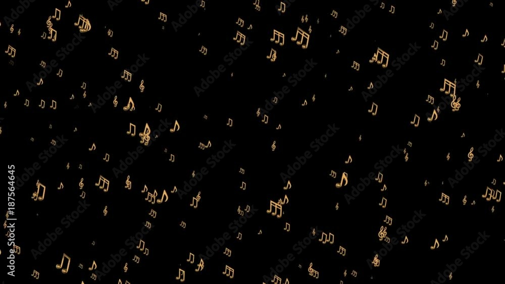Poster golden notes fly in space. elegant screensaver. musical background. seamless loop.