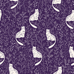 Seamless floral vector pattern with white cats