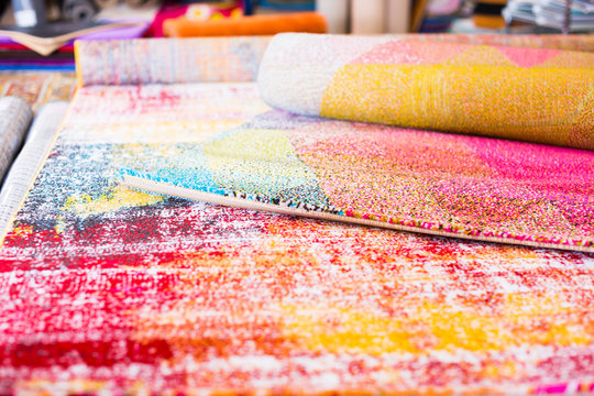 Image of traditional woolen carpets at carpet market