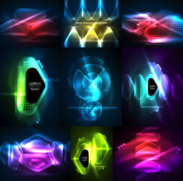 Set of glowing abstract shapes neon shiny hi-tech abstract backgrounds