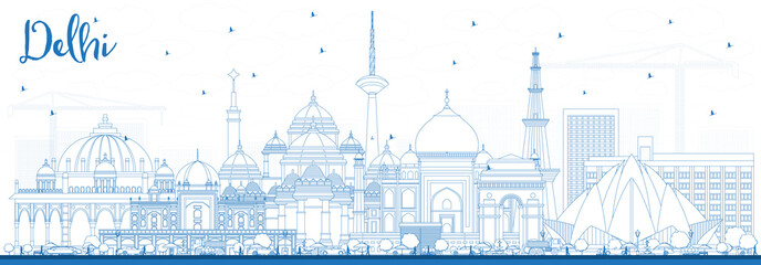 Outline Delhi India City Skyline with Blue Buildings.