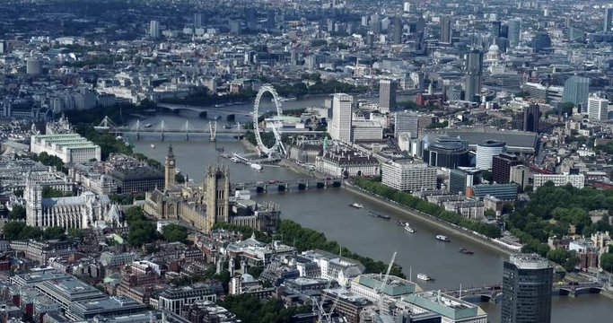 London,England,UK &ndash; July 2015 : Aerial shot of central London with view of Big Ben, Westminster Abbey, Houses of Parliament and London eye