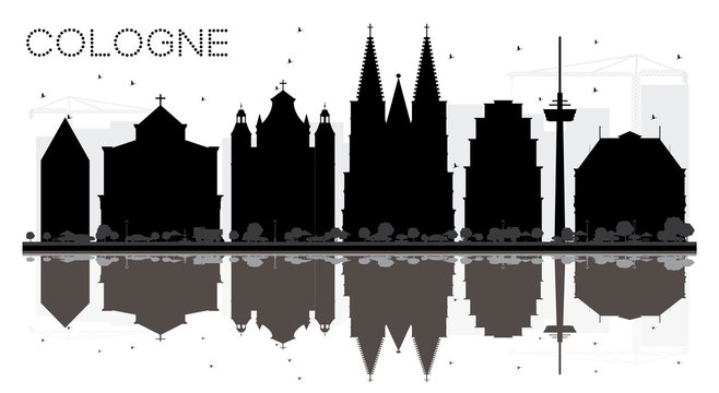 Cologne Germany City skyline black and white silhouette with Reflections.