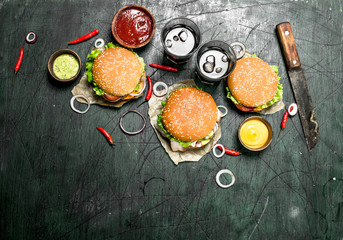Fast food. Fresh burgers with cola.
