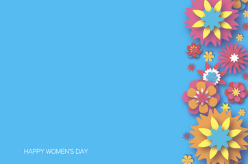 Colorful 8 March. Happy Women's Day. Trendy Mother's Day. Paper cut Floral Greeting card. Origami flower. Space for Text. Spring blossom on sky blue. Seasonal holiday.Modern paper vertical decoration.