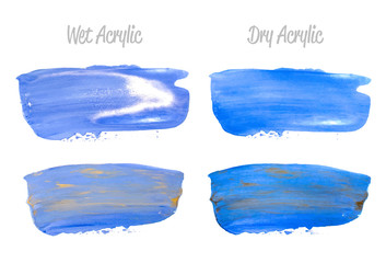 Vector blue and gold paint smear stroke stain set. Abstract gold glittering textured art illustration. Gold Texture Paint Stain Illustration. Hand drawn brush strokes vector elements. Acrilyc strokes.