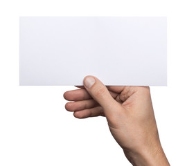 Fototapeta premium Mockup horizontal flyer empty blank white holds the man in his hand. Isolated on a white background