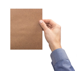 Mockup A5 letter vertically empty blank kraft holds the man in his hand in shirt. Isolated on a white background