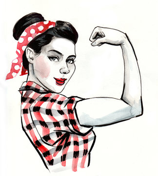 Strong pin up style woman flexing a biceps.