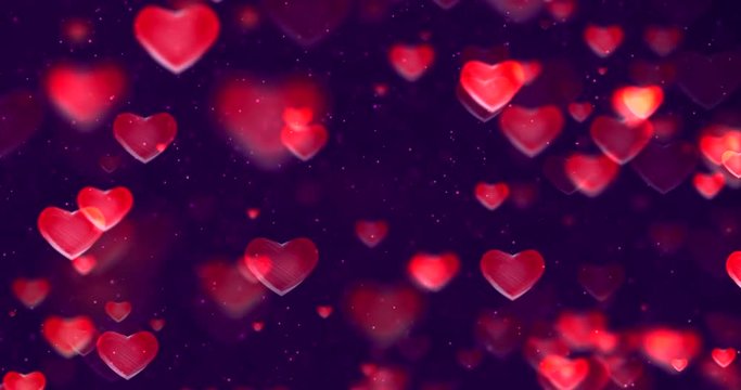 abstract multicolor gradient red and purple gradient background with bokeh glitter and red hearts shape flowing, valentine day love relationship holiday event festive concept