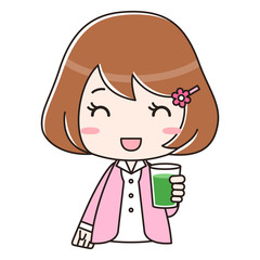 青汁入りのコップを持つ笑顔の女性　バストアップ