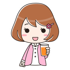 ジュースが入ったコップを持つ女性　バストアップ