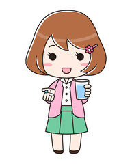 サプリとお水を持つ女性　全身