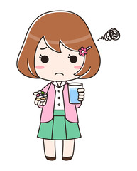 大量のサプリとお水を持って悩んでいる女性　全身