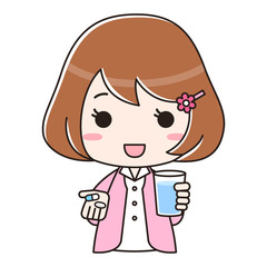 Obraz premium サプリとお水を持つ女性 バストアップ