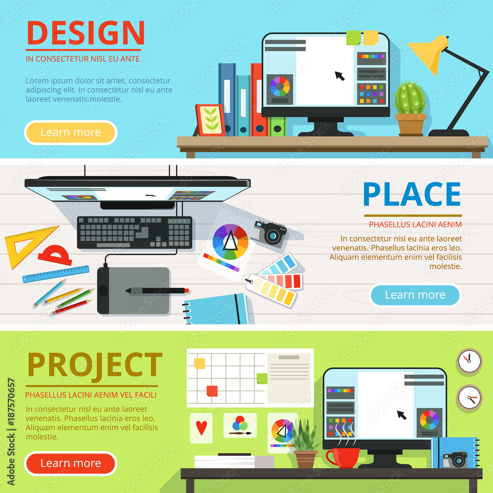 Poster workspace for computer designers and graphic artists . horizontal banners with place for your text