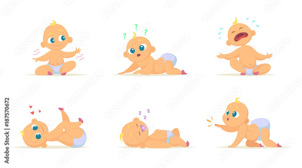 Poster funny characters set of babies in different poses. vector characters isolate on white