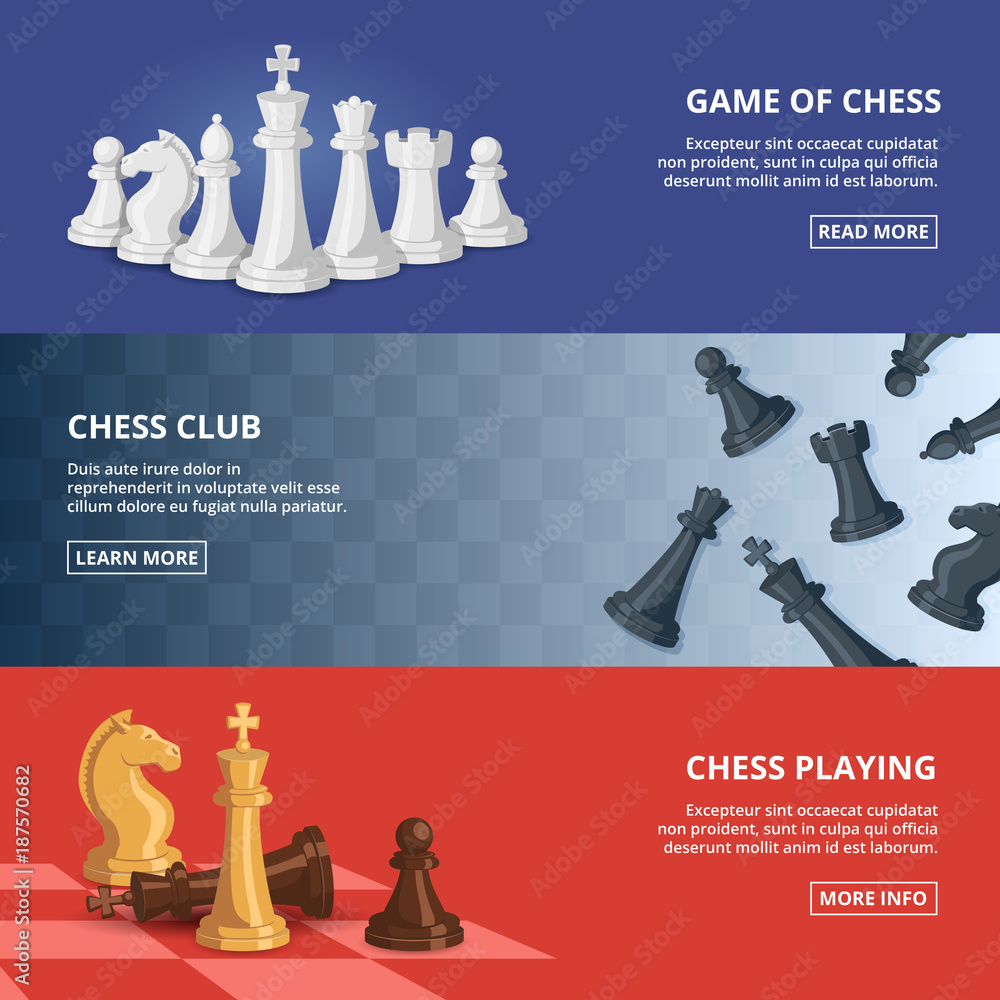 Aufkleber horizontal banners set with illustrations of chess. vector design template with place for your text