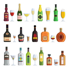 Illustrations of alcoholic bottles and glasses in cartoon style
