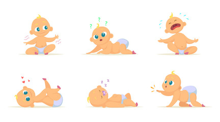 Funny characters set of babies in different poses. Vector characters isolate on white