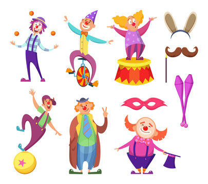 Funny clowns characters and different circus accessories