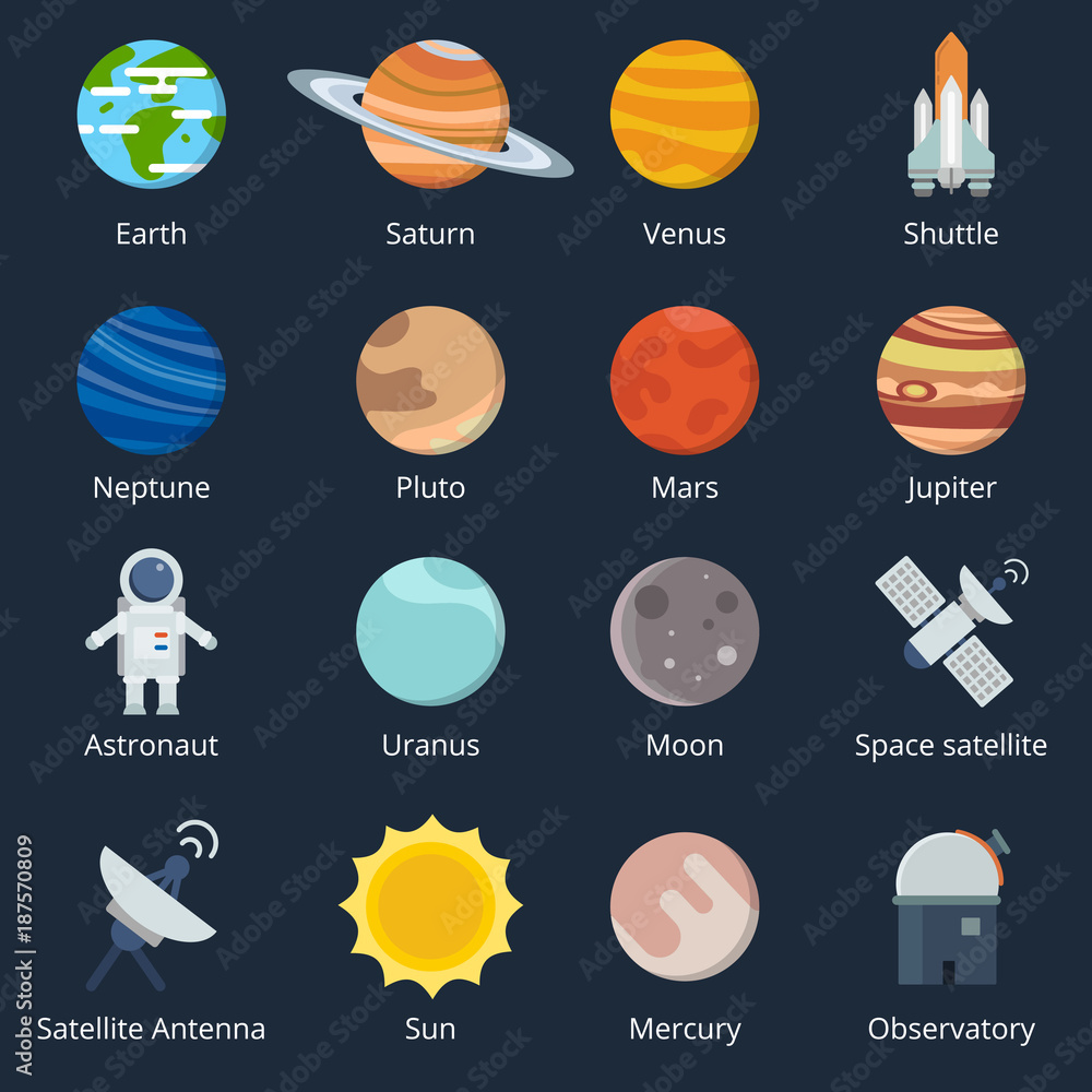 Poster planets of solar system and different space tools. icon set in vector style
