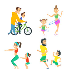 Set of family couples in fitness activities. Parents playing in active games with their children