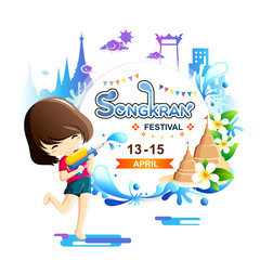 Young girl holding water gun enjoy splashing water in Songkran festival, Thailand-Vector Illustration